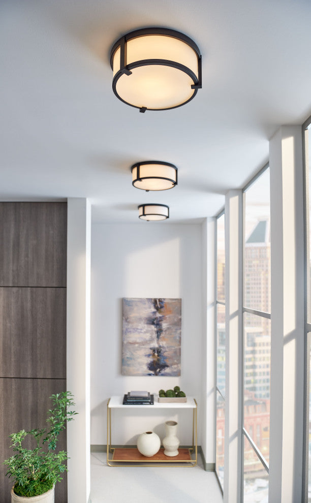 Hinkley Lowell 16" Md Flush Mount Ceiling Light, Black + Etched Opal Glass