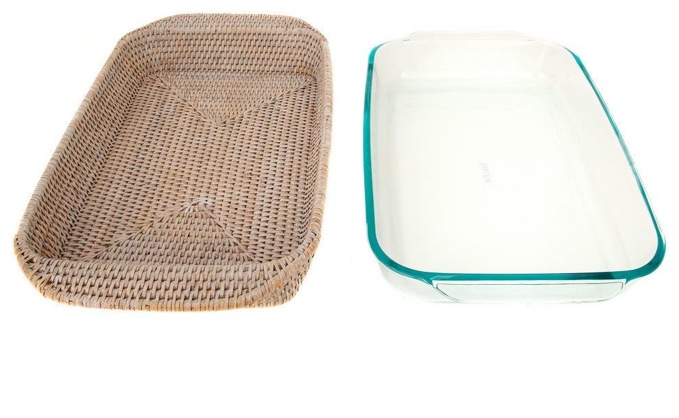 Artifacts Rattan™ Rectangular Baker Basket with Pyrex, White Wash, 13"x9"
