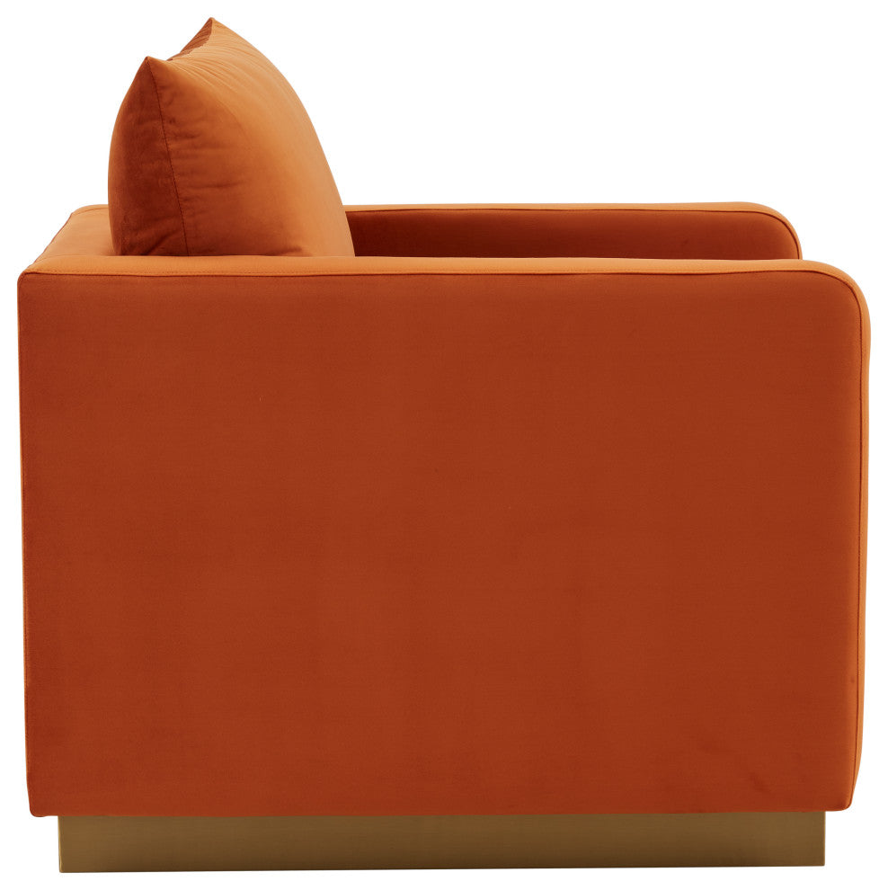 LeisureMod Nervo Modern Velvet Accent Arm Chair With Gold Base, Orange Marmalade