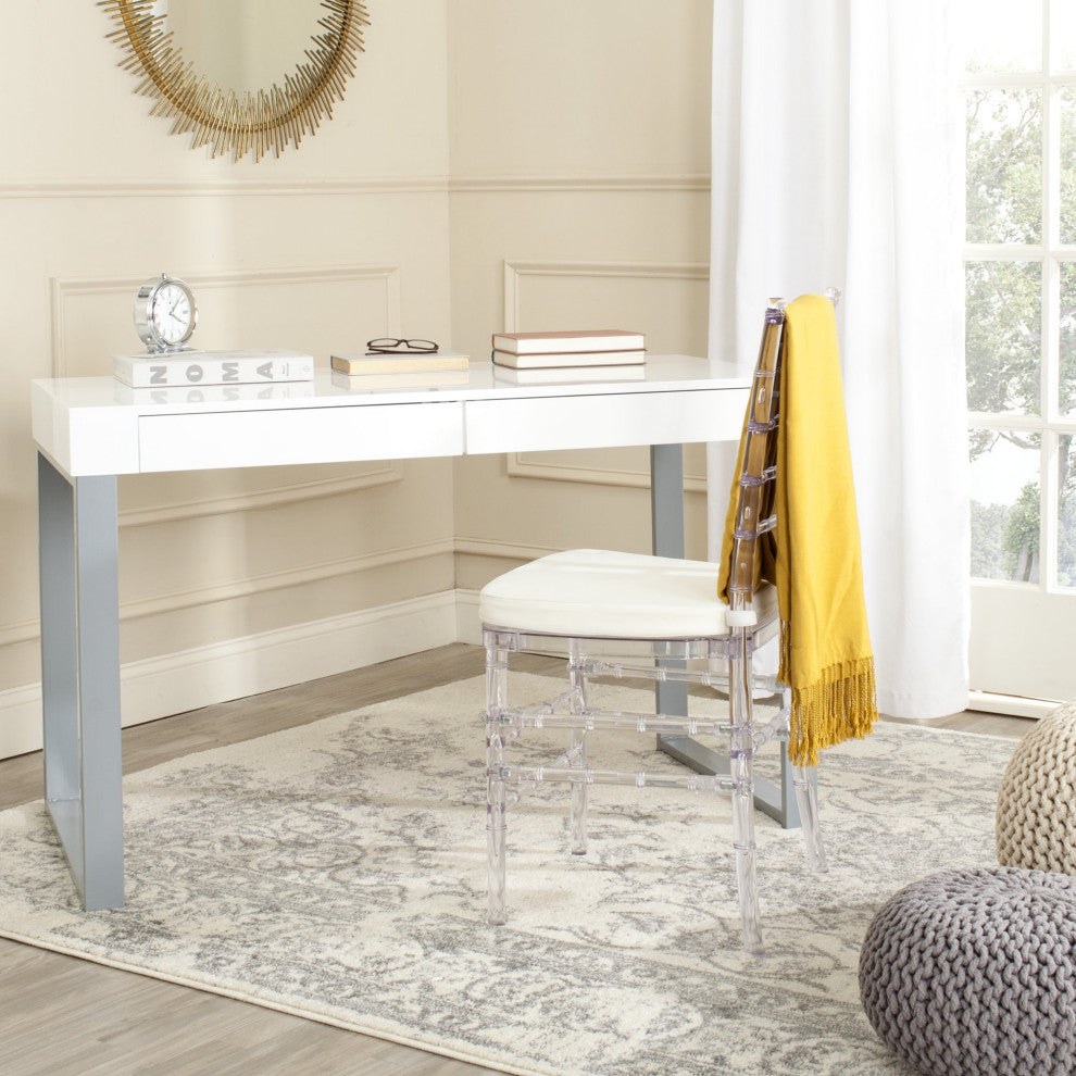 Contemporary Desk, Glam Design With Gray Painted Iron Legs & Lacquered White Top