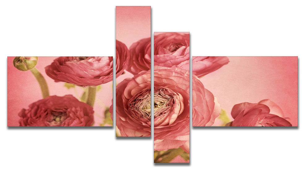 Bunch of Ranunculus Flowers on Pink, Floral Canvas Art Print, 60"x32", 4 panels