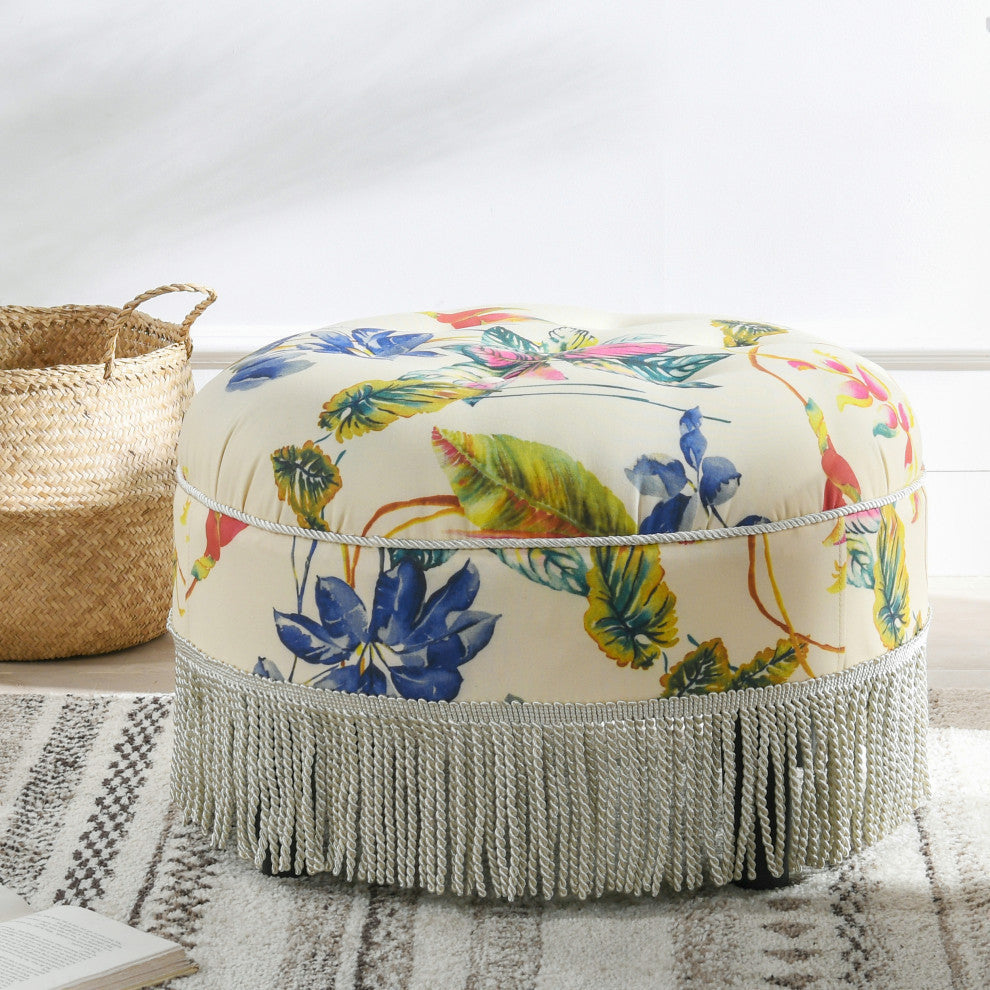 Yolanda 24" Upholstered Round Accent Ottoman, Tropical Floral Beige