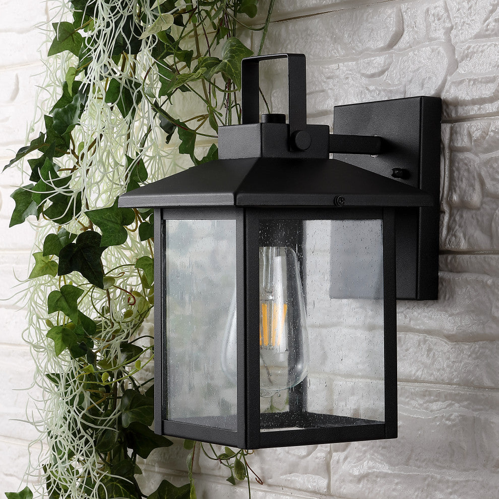 Bungalow 6.75" 1-Light Iron/Seeded Glass RusticOutdoor Lantern, Black, Set of 2