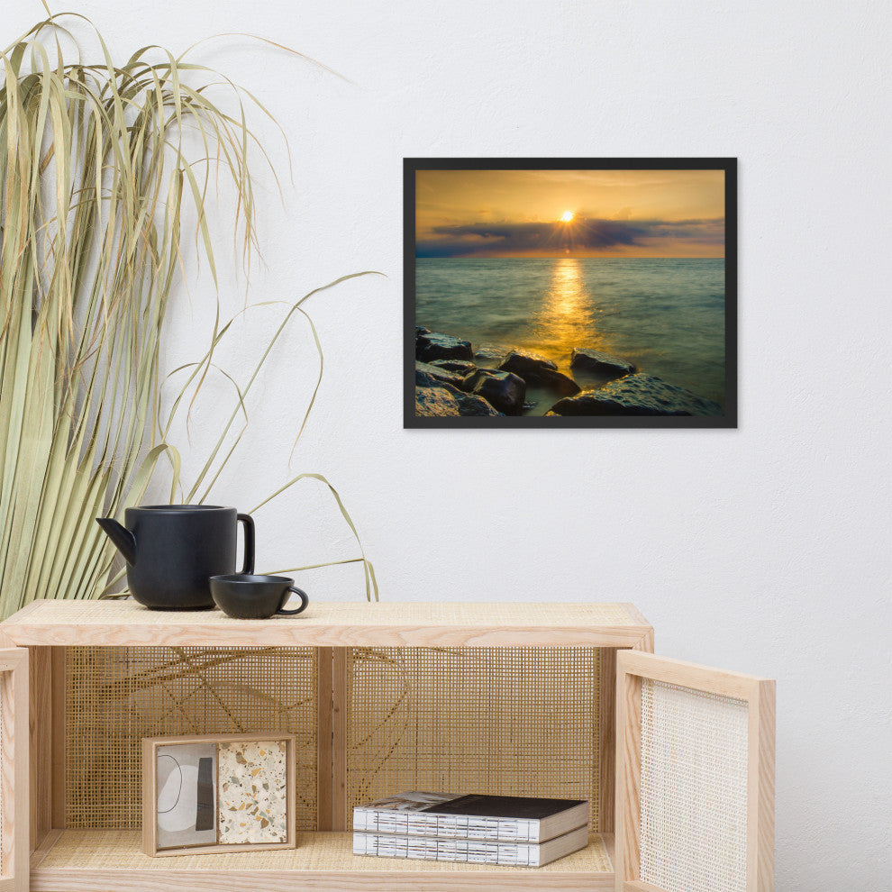 Sun Ray on the Water Coastal Landscape Framed Photo Paper Wall Art Print, Black, 16" X 20"