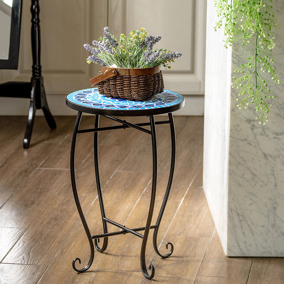 Costway Outdoor Indoor Accent Table Plant Stand Cobalt Blue Color Garden Steel