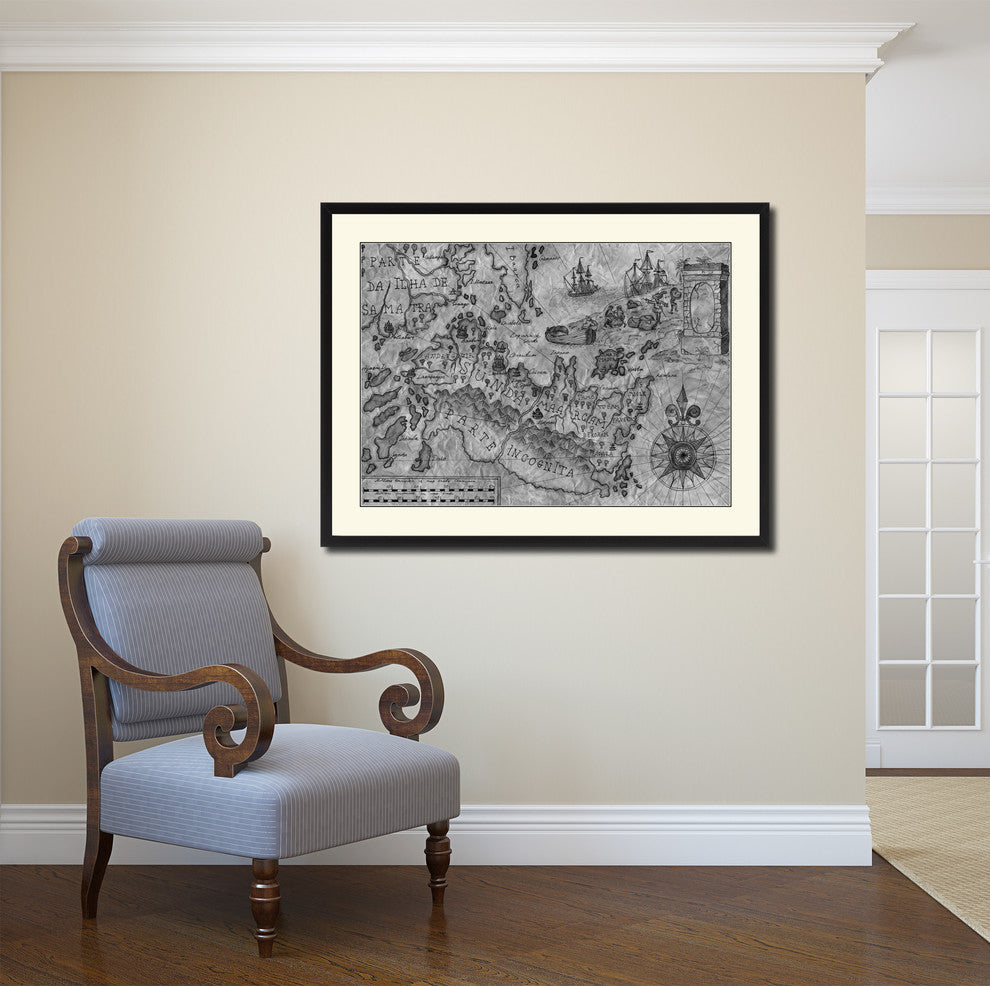 Land Vintage Map Print On Canvas With Black Custom Frame, 28" X 37"