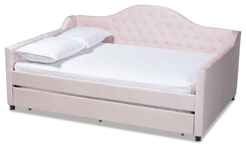 Luanna Light Pink Velvet Upholstered and Button Tufted Full Daybed With Trundle