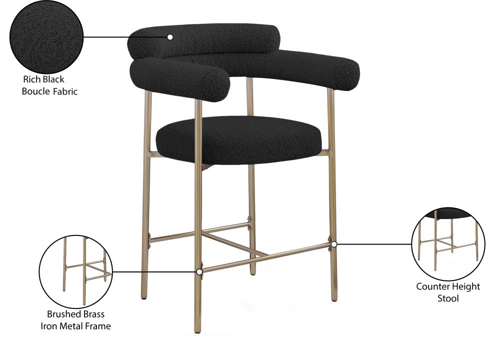 Blake Boucle Fabric Upholstered Counter Stool, Set of 2, Black, Brushed Finish