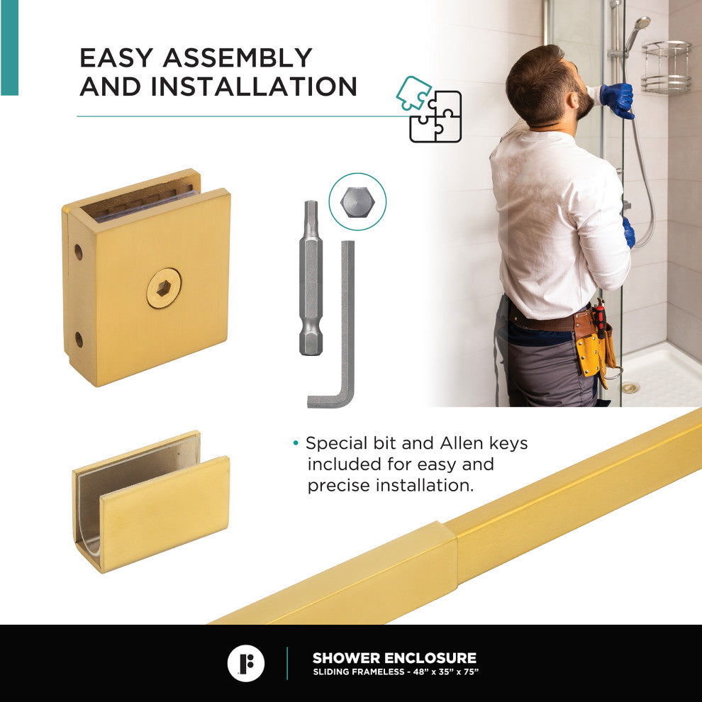 Frameless Shower Enclosure Sliding Shower Glass Door - Tempered Glass, Satin Brass, 48"