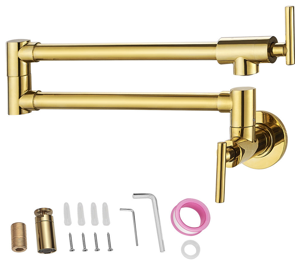 VEVOR Pot Filler Faucet Solid Brass Wall Mount Kitchen Faucet 24.4", Brushed Gold