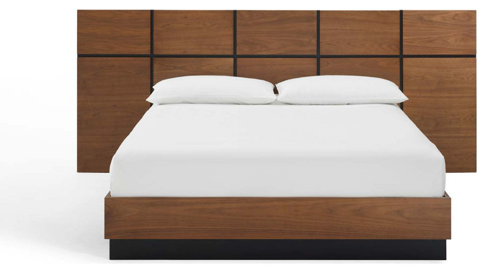 Platform Bed Frame, Queen Size, Wood, Brown Walnut, Modern Farmhouse, Bedroom