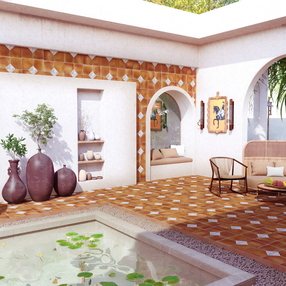 Sentier des Ocres Deco Blue Porcelain Floor and Wall Tile, Deco