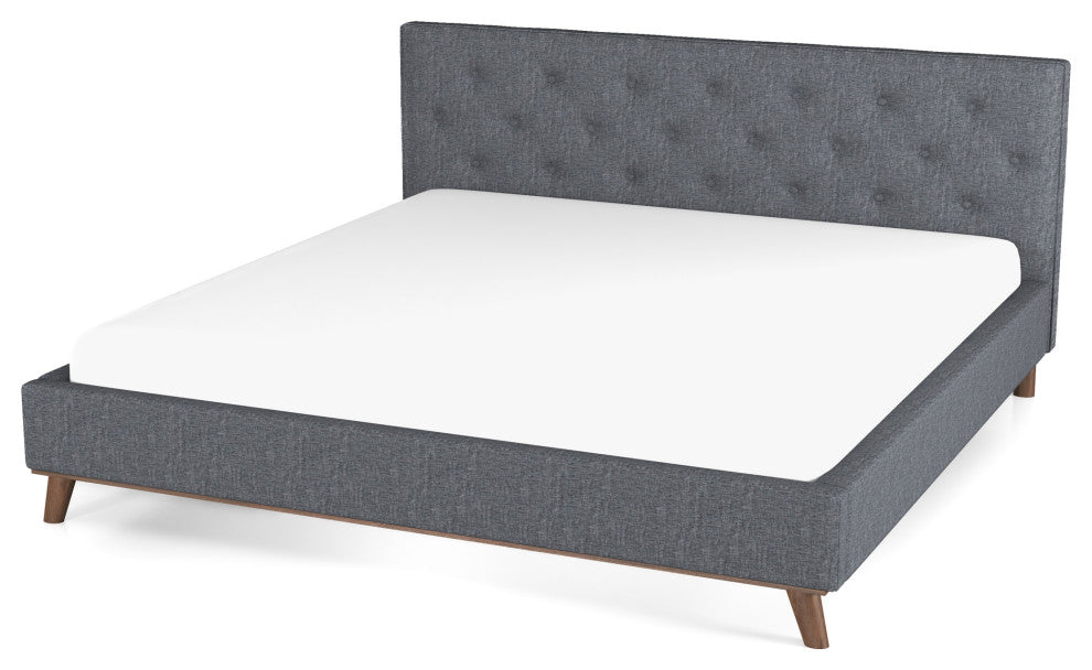 Ashton Mid-Century Modern Solid Wood Tufted Dark Grey Fabric Platform Bed, King