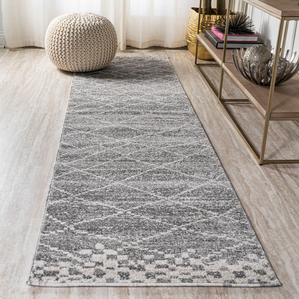 Asilah Moroccan Modern Diamond Runner Rug, Gray, 2 X 8
