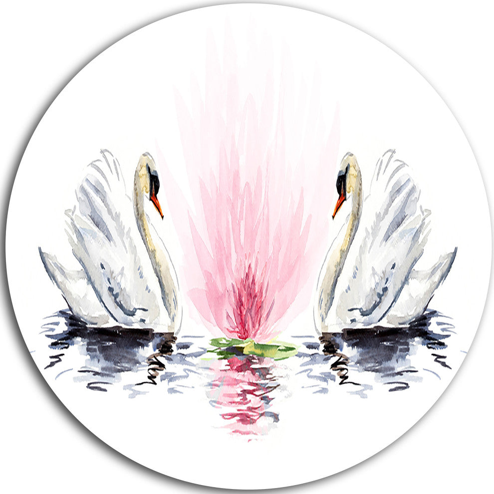 Floating Swans On White Background, Animal Round Metal Wall Art, 11"