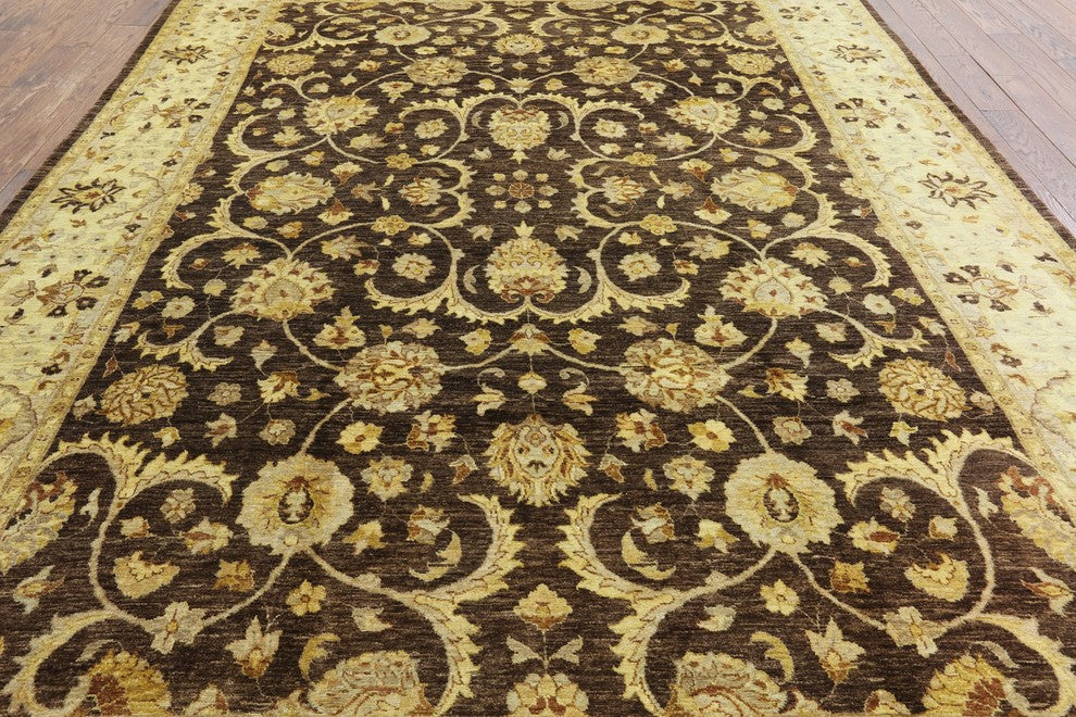 Oushak Peshawari Chobi Brown Hand-Knotted Wool Rug, 9'x12'