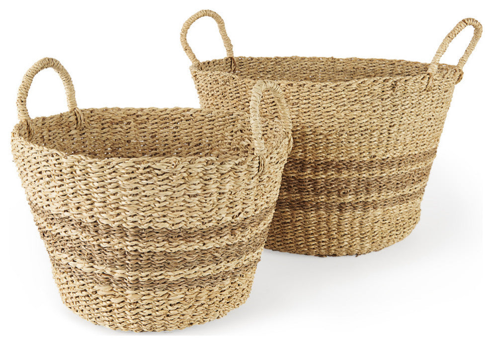 Vance Light Brown Palm Leaf and Seagrass Round Basket With Handles, 2-Piece Set