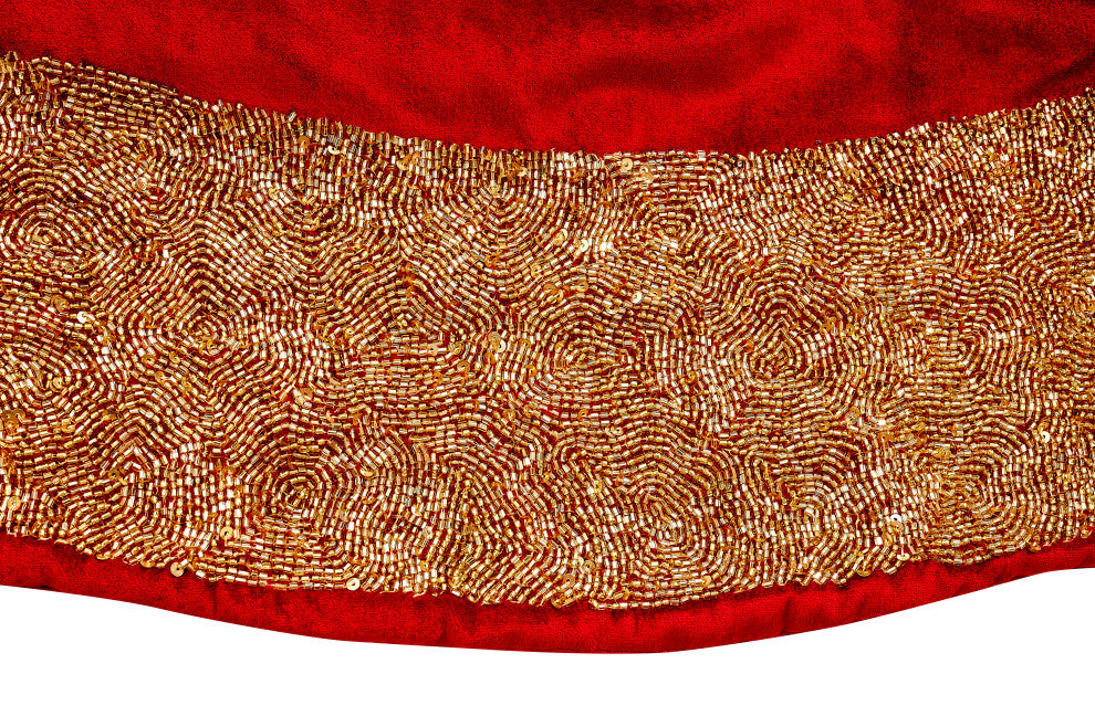 Red Velvet Christmas Tree Skirt with Hand Beaded Gold Border, 60"
