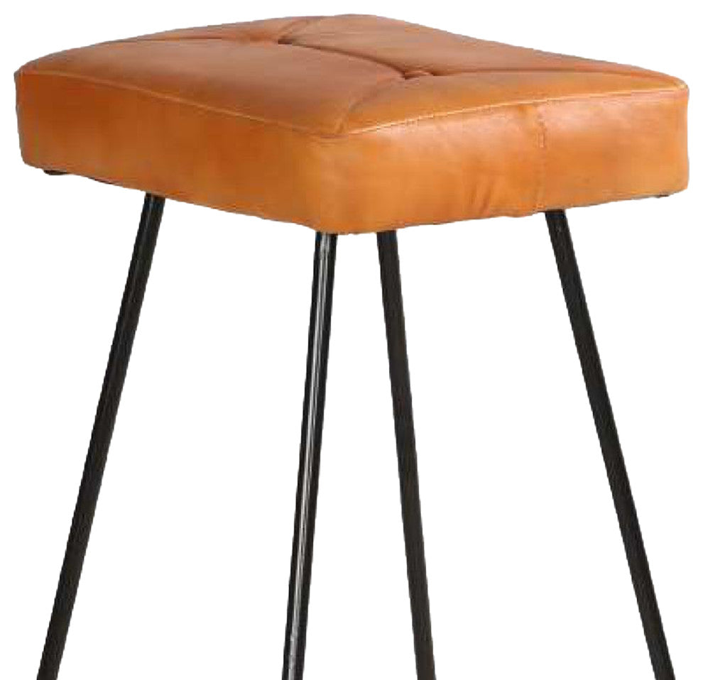 Benzara UPT-266370 Bar Stool, Leather Seat, Metal Frame, Tan Brown, Black