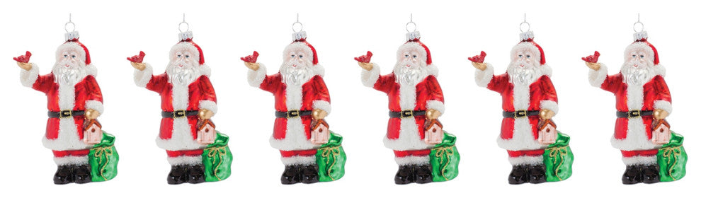 Glass Santa With Cardinal Bird Ornament, Set of 6