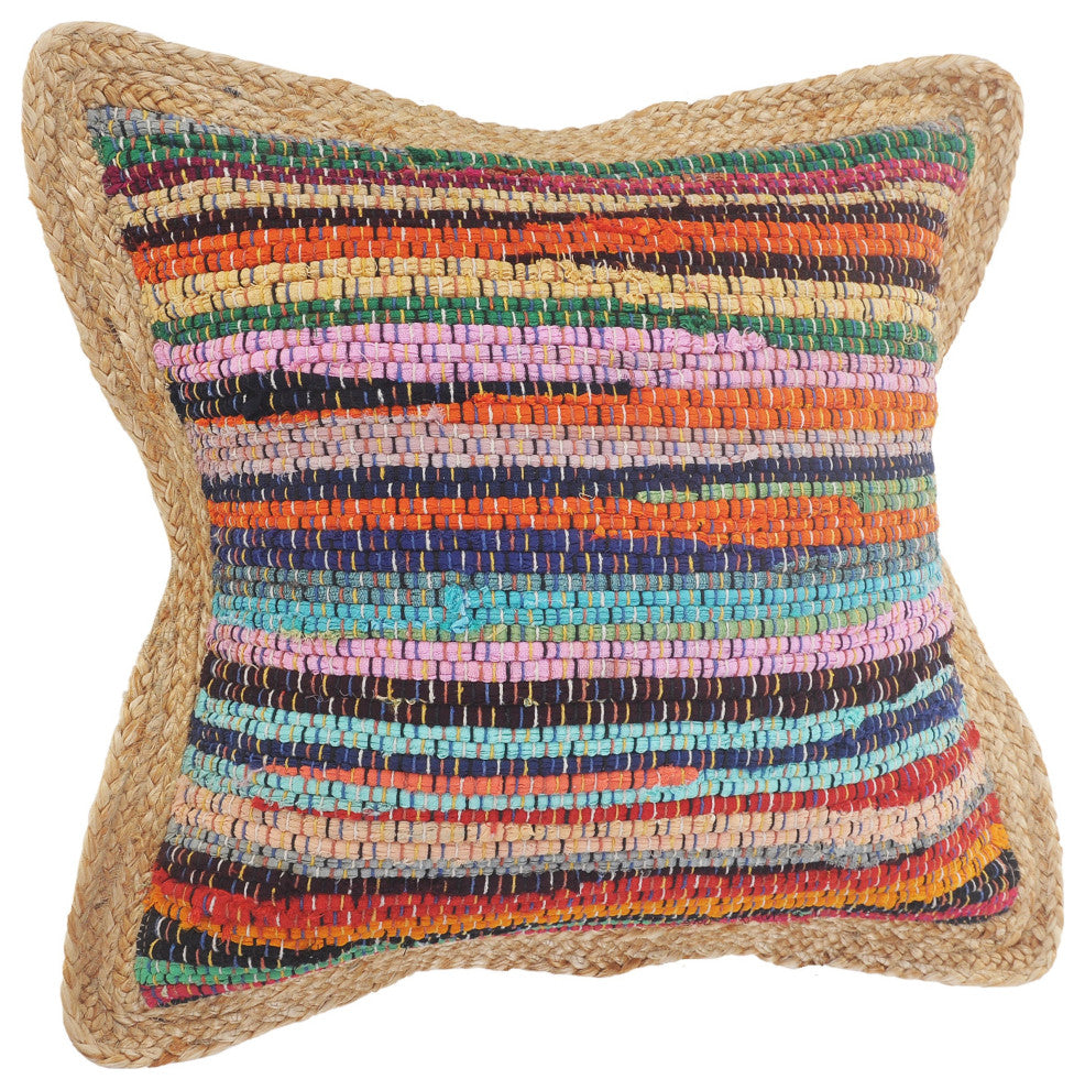 Bold Multicolored Chindi Jute Bordered Throw Pillow