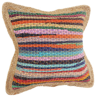 Bold Multicolored Chindi Jute Bordered Throw Pillow