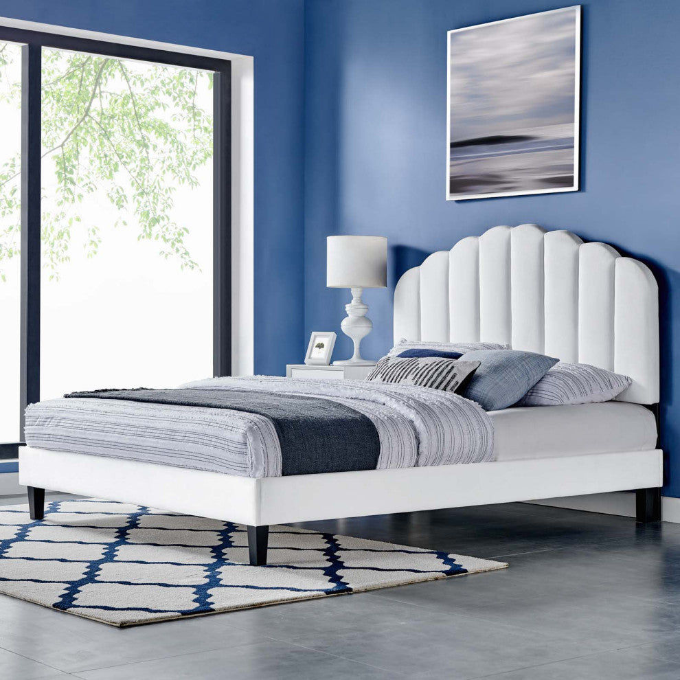 Platform Bed Frame, King Size, White, Velvet, Modern, Bedroom Guest Suite