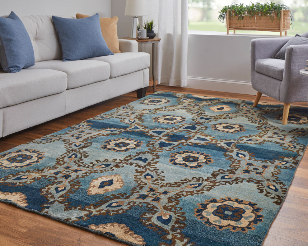 Weave & Wander Amzad Hand Knotted Gradient Wool Rug, Blue/Brown, 5'6"x8'6"