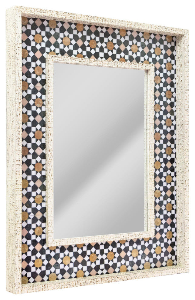 Geometric Tiled Print Distressed White Raised Lip Double Framed Accent Mirror