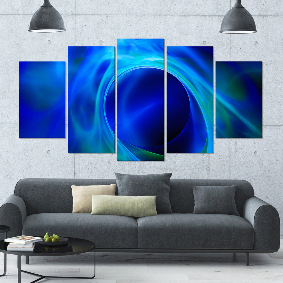 Circled Blue Psychedelic Texture, Contemporary Art on Canvas, 60"x32", 5 Panels