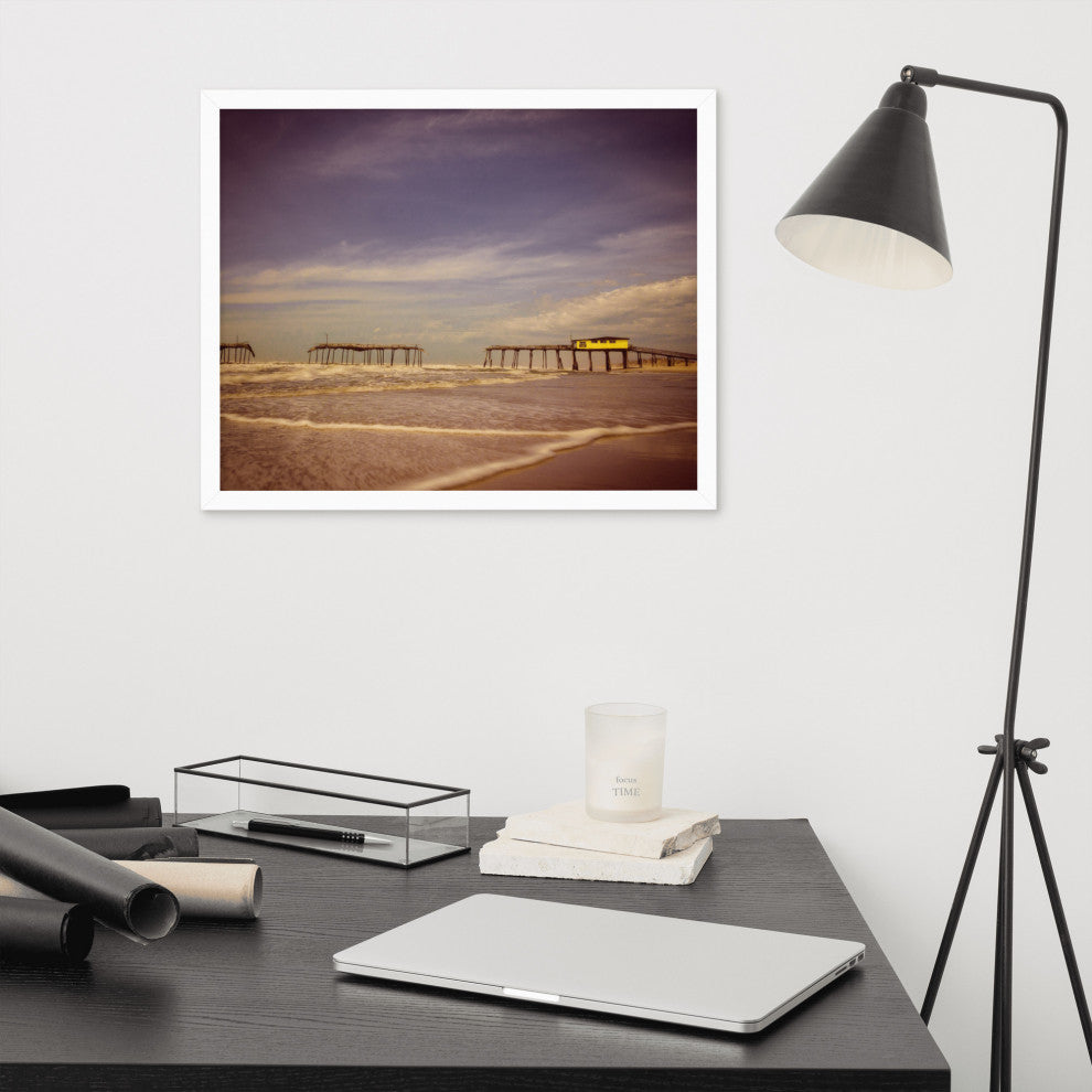 Aged View of Frisco Pier Coastal Framed Photo Paper Print, White, 16" X 20"