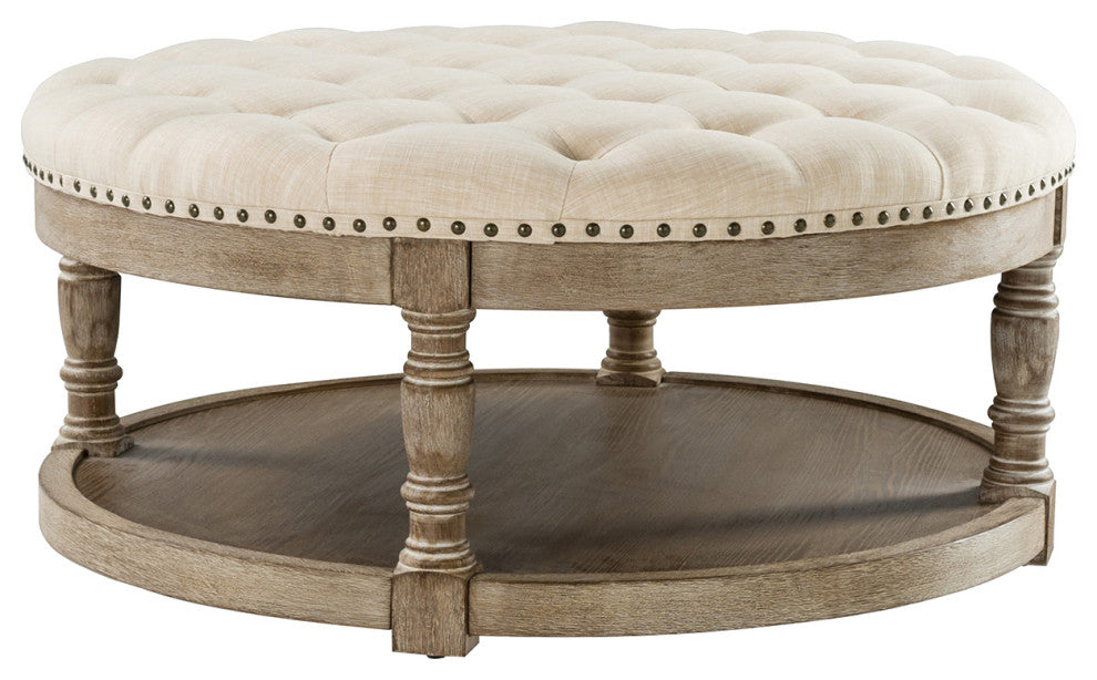 36" Wide Tufted Round Cocktail Ottoman With Storage, Linen