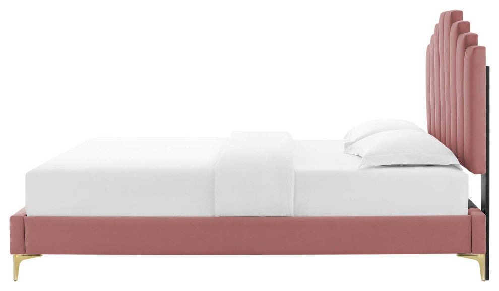 Platform Bed Frame, King Size, Velvet, Pink, Modern Contemporary, Bedroom Master