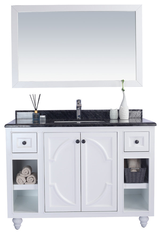 Odyssey, 48, White Cabinet With Black Wood Marble Countertop