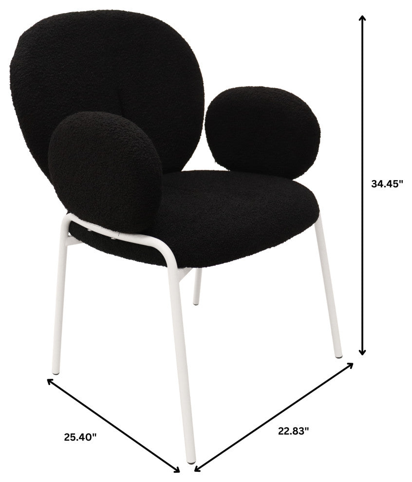 Celestial Boucle Dining Chairs With Arms, White Iron Legs, Black