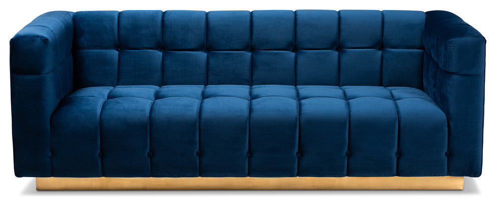 Joetta Glam and Luxe Navy Blue Velvet Fabric Upholstered Brushed Gold Sofa