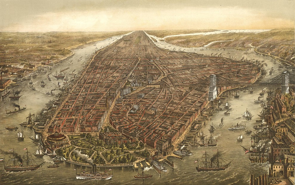 New York City Panoramic, 1873 Wall Map Mural, Peel and Stick 1-Panel, 95"x60"