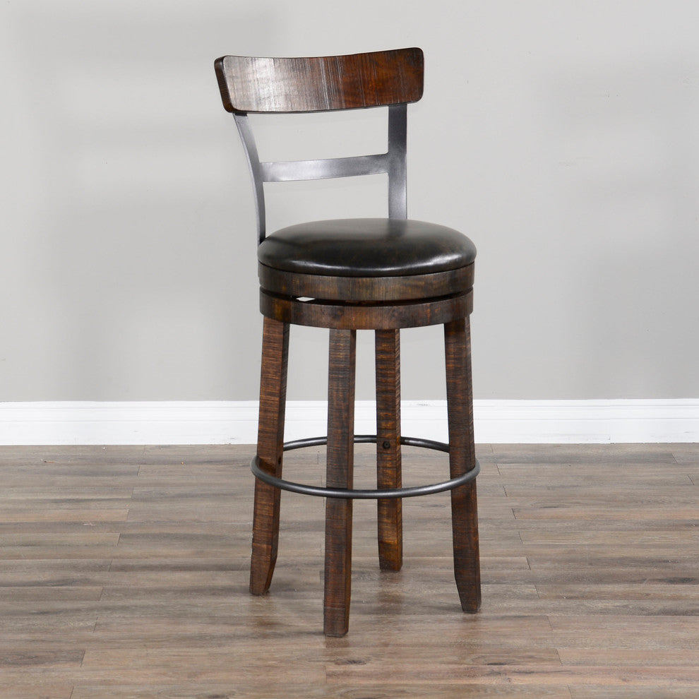 Dark Rustic Ladder Back Swivel Barstool Black Leather Seat 30"H