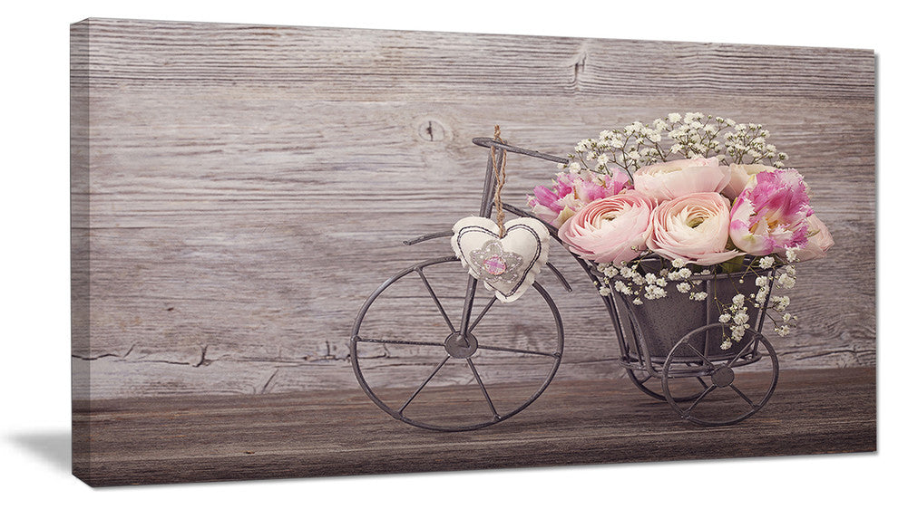 Ranunculus Flowers in Bicycle Vase, Floral Canvas Art Print, 32"x16"