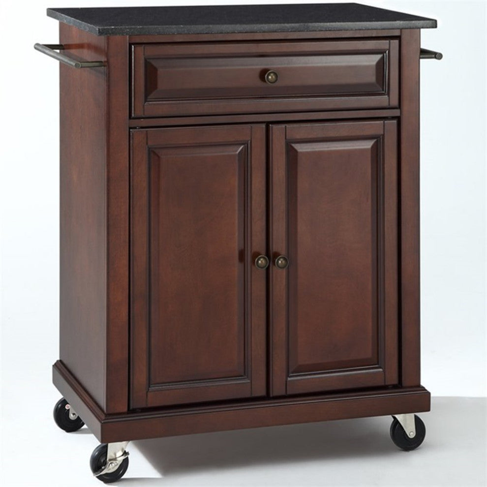 Catania Modern Black Granite Top Portable Kitchen Cart in Mahogany