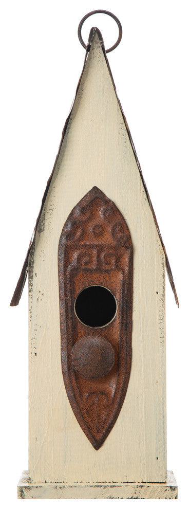 Washed White Distressed Solid Wood Birdhouse