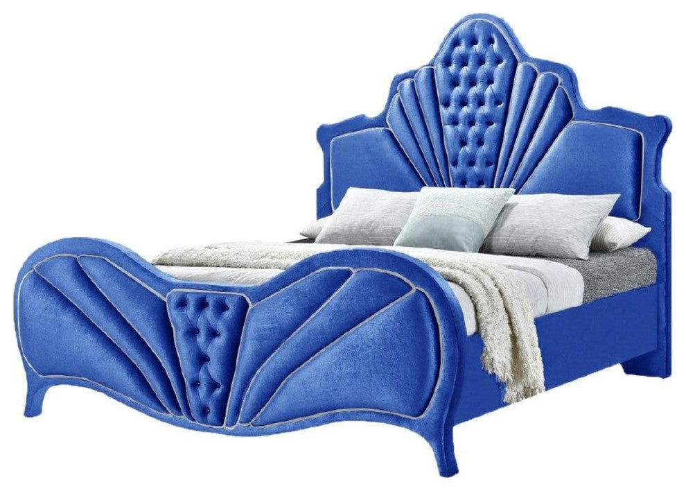 Manchester York Style Headboard Platform Bed, Blue Velvet, King