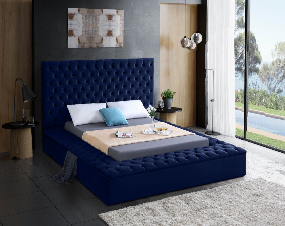 Bliss Velvet Upholstered  Bed, Navy, Full