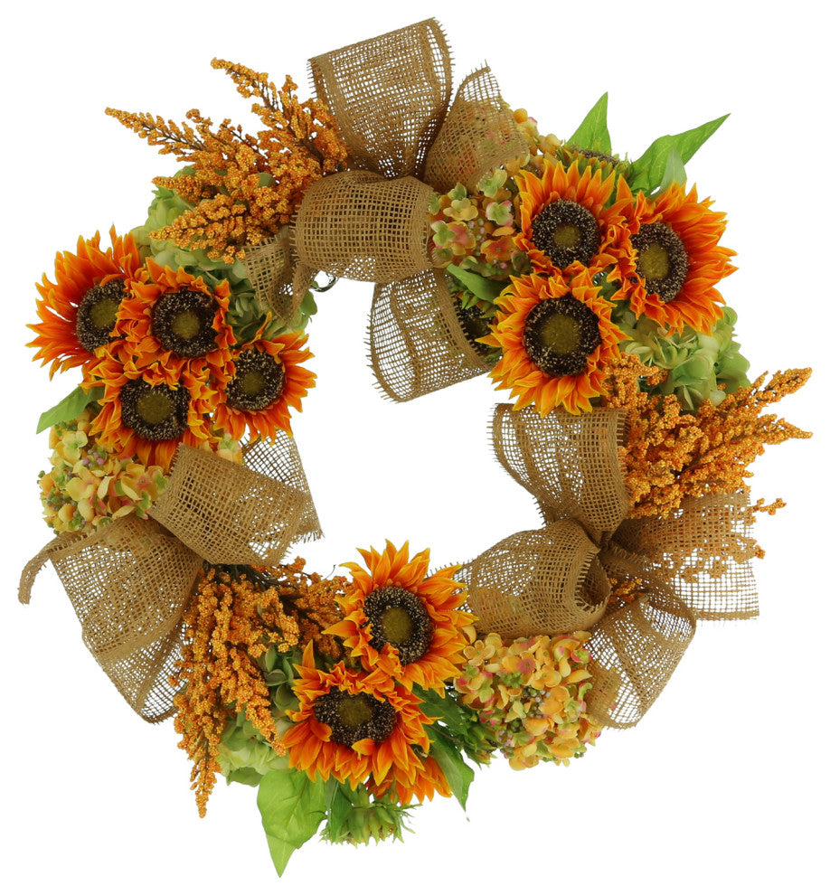 26" Sunflower, Hydrangea and Heather Fall Wreath with Burlap Bows