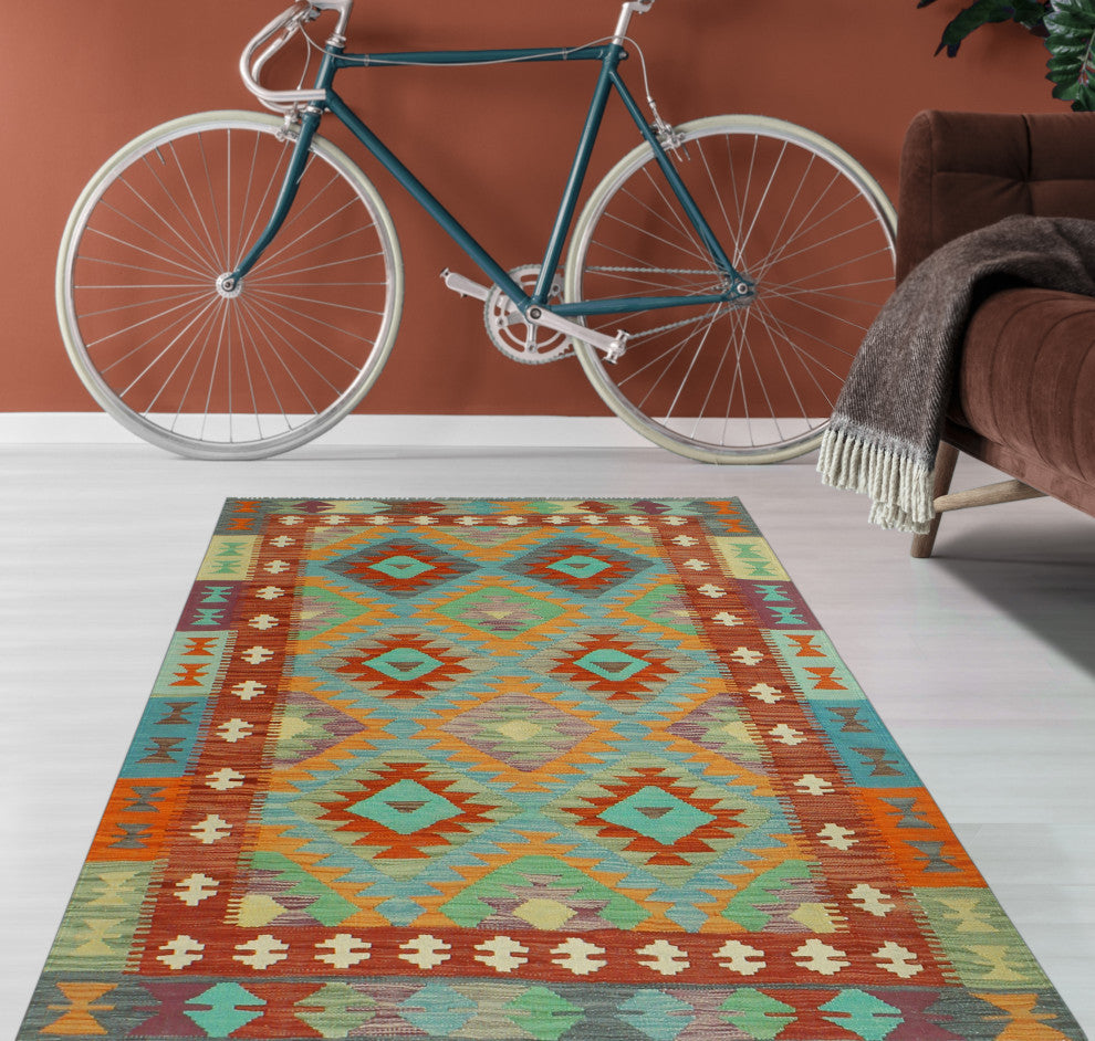 Sangat Flatweave Gulshan Orange/Blue Rug, 3'11 x 5'11