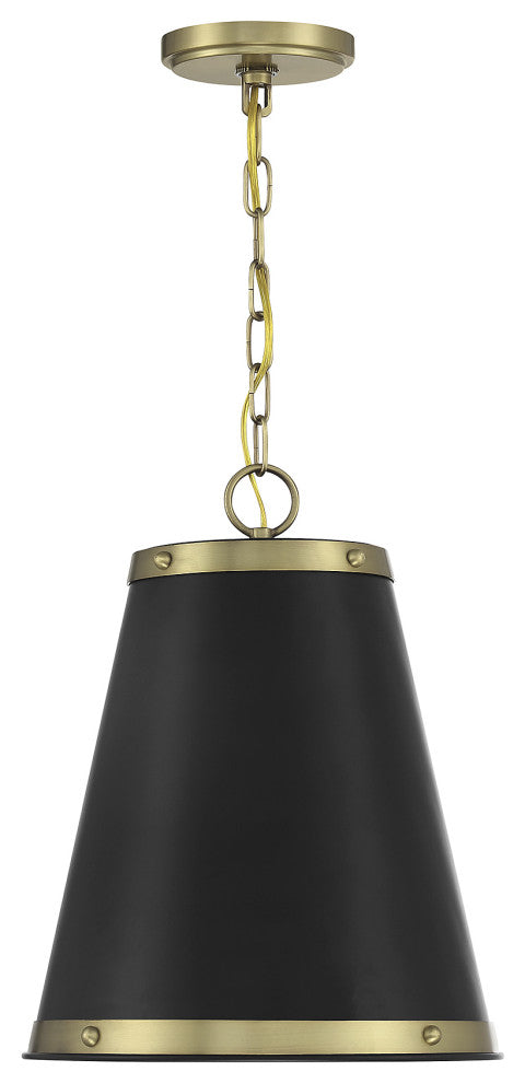 1-Light Pendant, Matte Black With Natural Brass