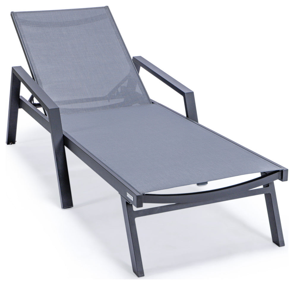 LeisureMod Marlin Chaise Lounge Chair With Arms and Fire Pit Table, Dark Gray
