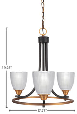 Paramount Uplight 3-Light Chandelier, Matte Black & Brass, 5" Clear Ribbed Glass