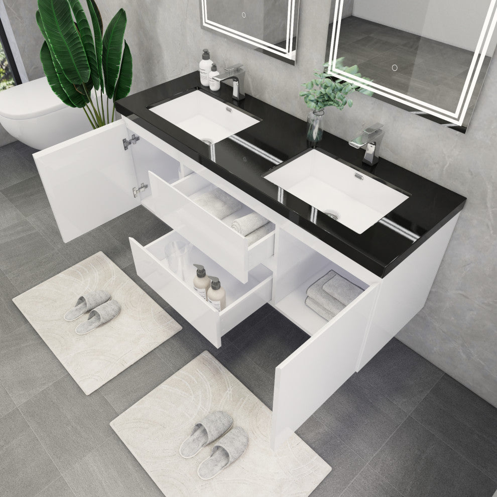 Belli 60" Double Sink Wall Mount Vanity Set, High Gloss White, Matt Black Top