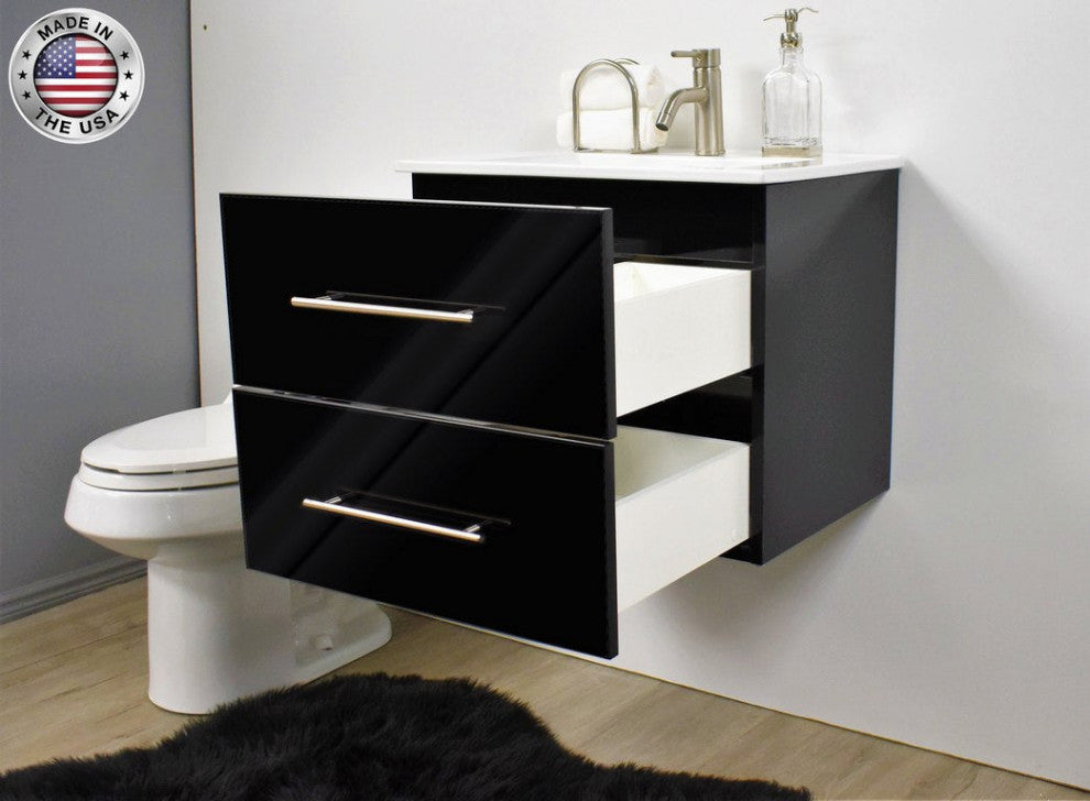 Napa 30" Modern Floating Bathroom Vanity With Ceramic Top and Round Handles, Glossy Black